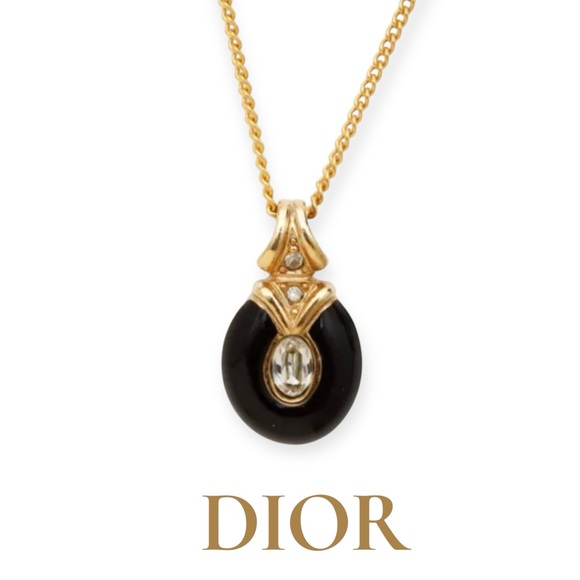 DIOR Black Enamel and Rhinestone Embellished Pendant Necklace - Picture 1 of 11